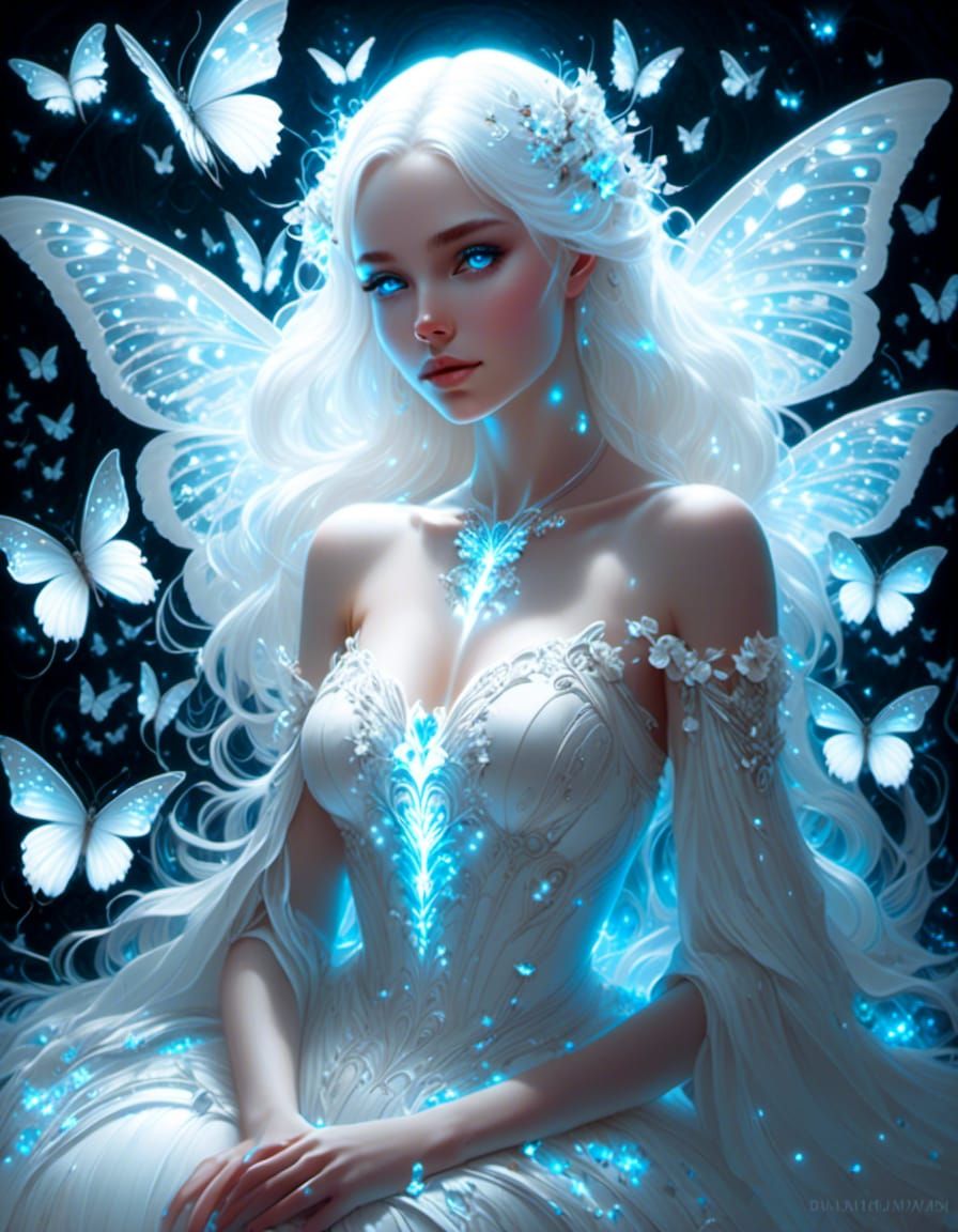 a girl with glowing deep white hair and glowing white eyes. she is in a white velvet soft gown. she is surrounded by glo...