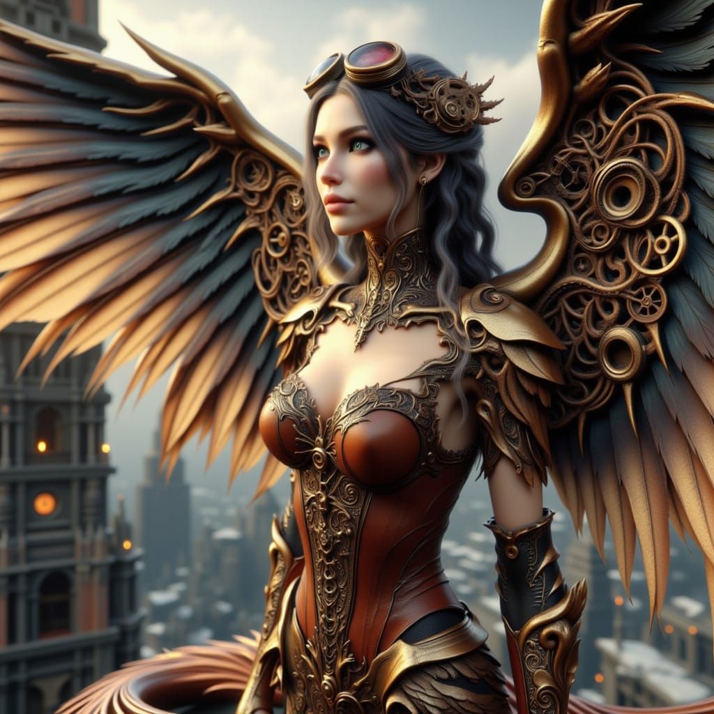 Steampunk Woman with Clockwork Wings in Art Nouveau Style