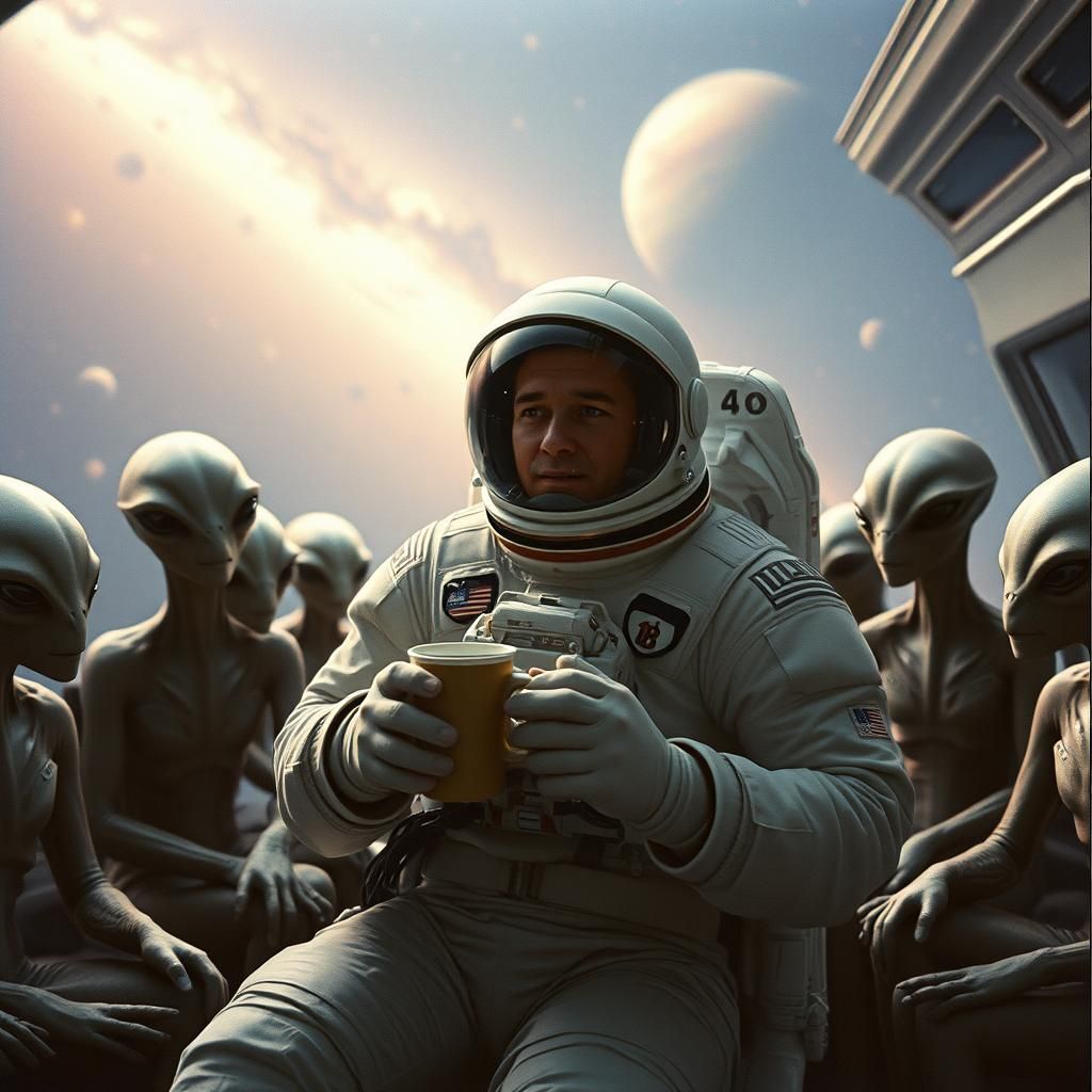Astronaut and Aliens Enjoying Coffee in Space