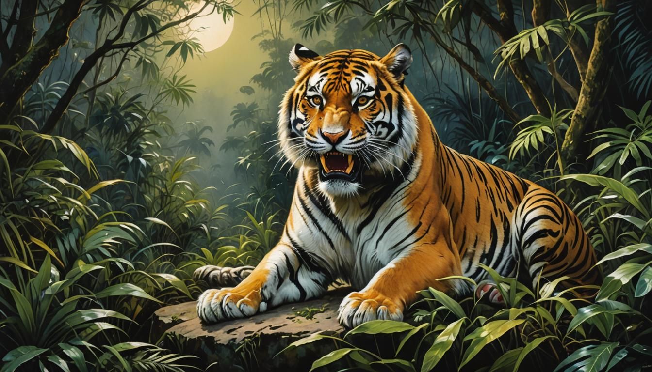 Majestic Tiger Roars in Tropical Jungle Night