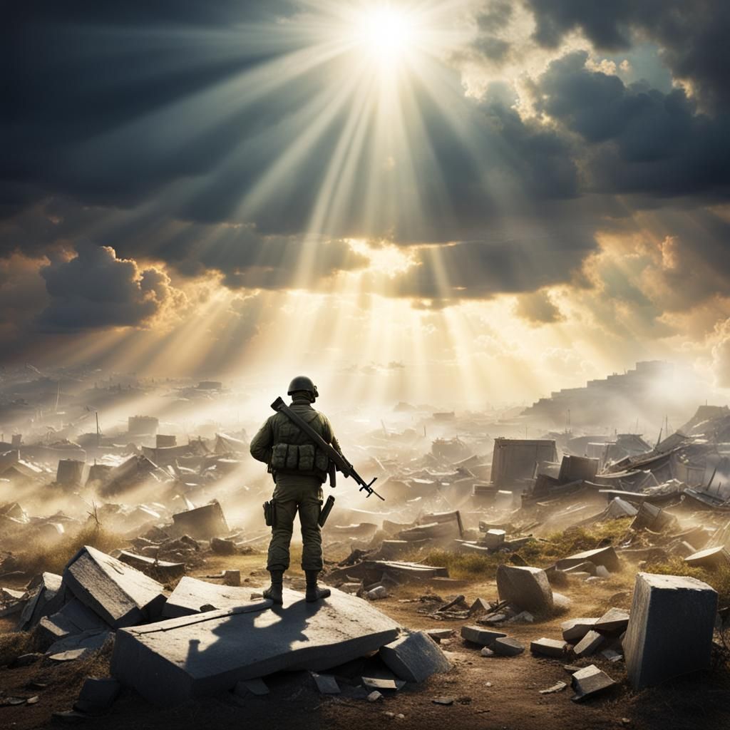 Lone Soldier Surveys Battlefield in Divine Light