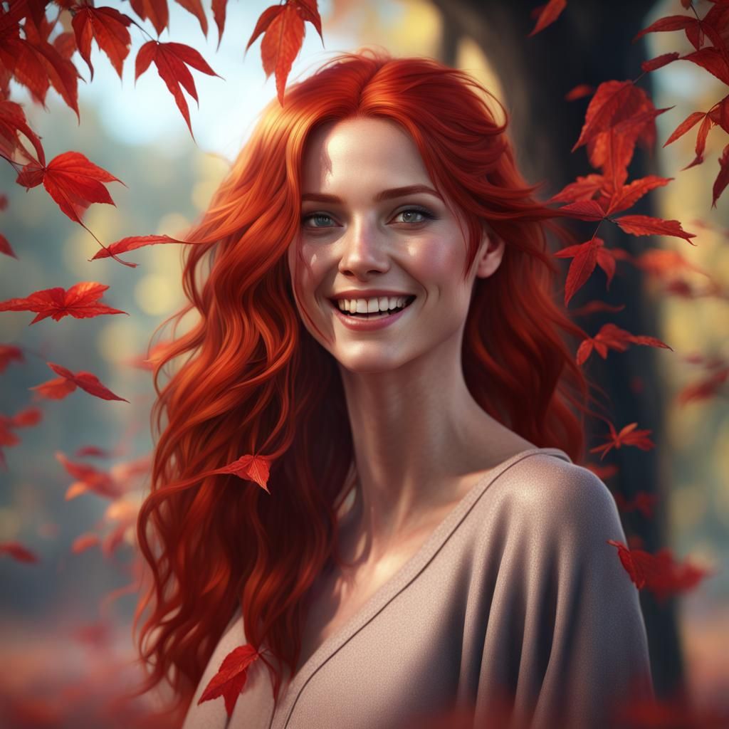 Redhead Beauty in Autumnal Landscape: Detailed Matte Paintin...
