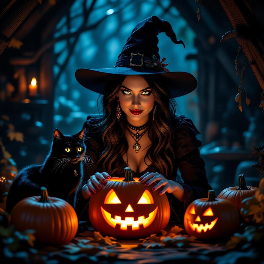 Witch Carving Pumpkins with Cat in Rustic Hut