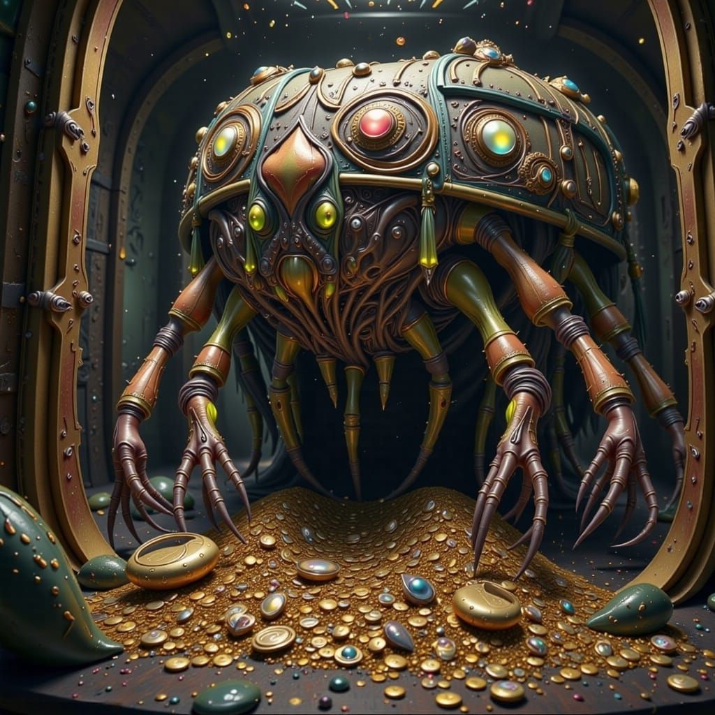 Giant Treasure Chest Mimic Monster in Dark Dungeon Chamber