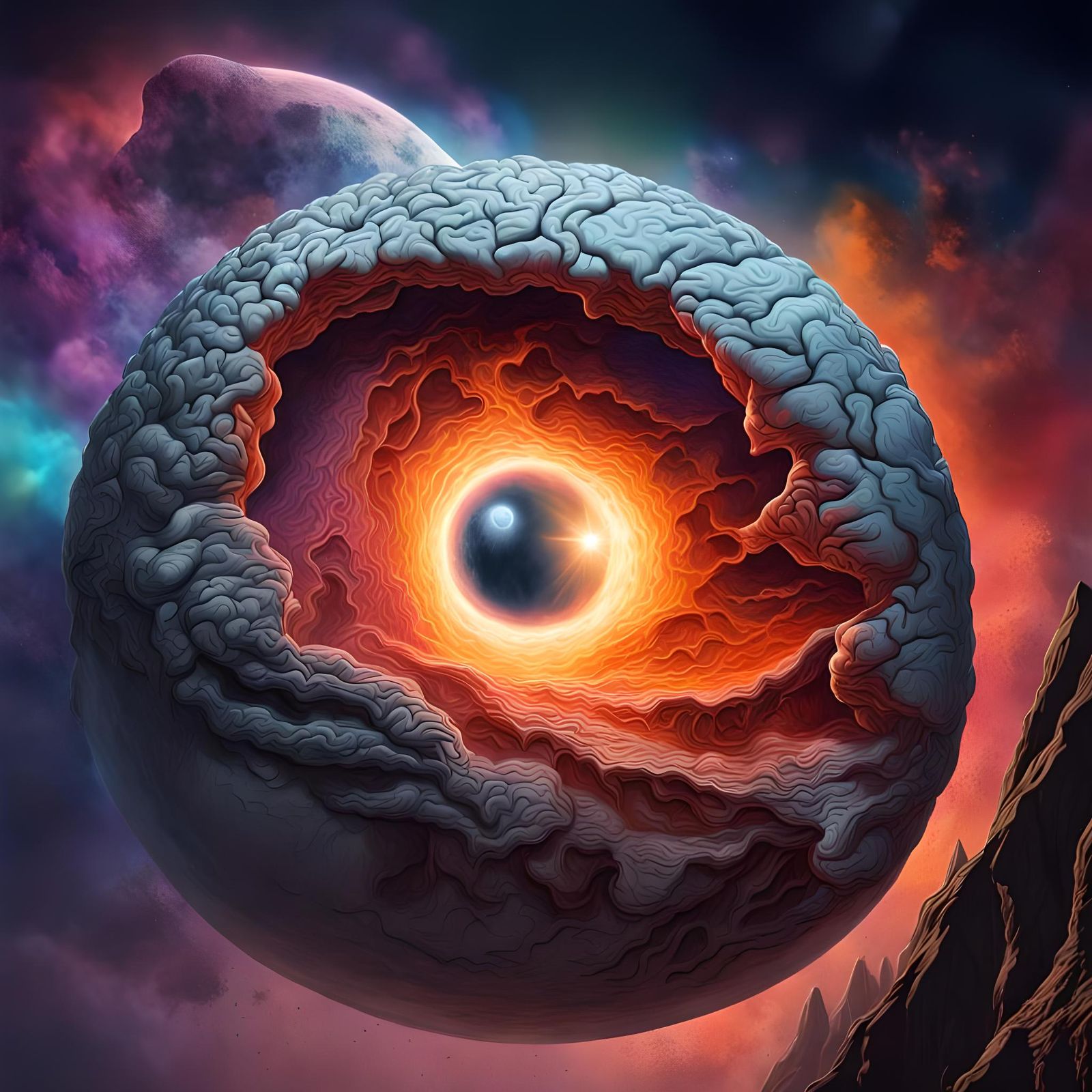 Hyperrealistic Brain Planet with Volcanic Moon and Spaceship