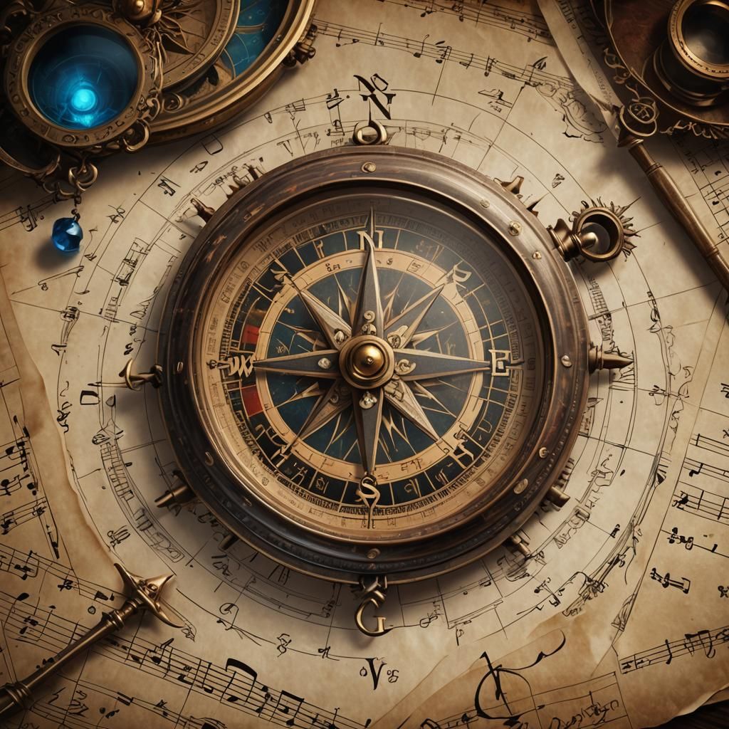Antique Compass with Parchment Music, Detailed Matte Paintin...