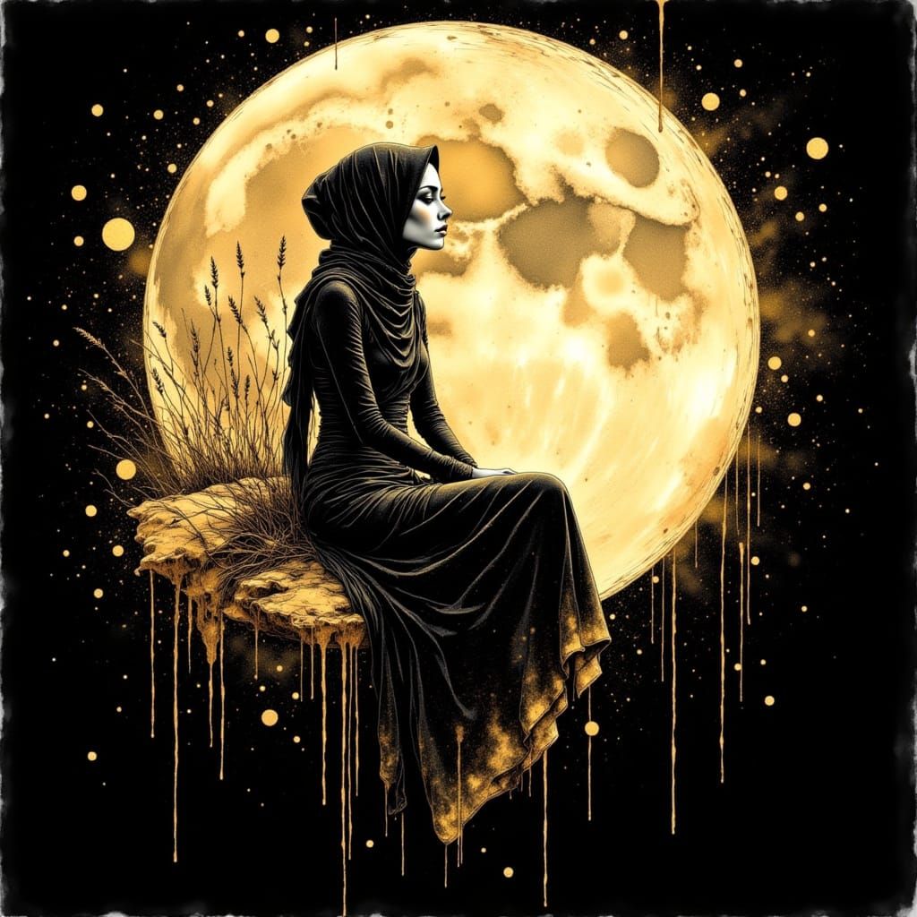 Palestinian Woman Sits Serenely on a Moonlit Canvas
