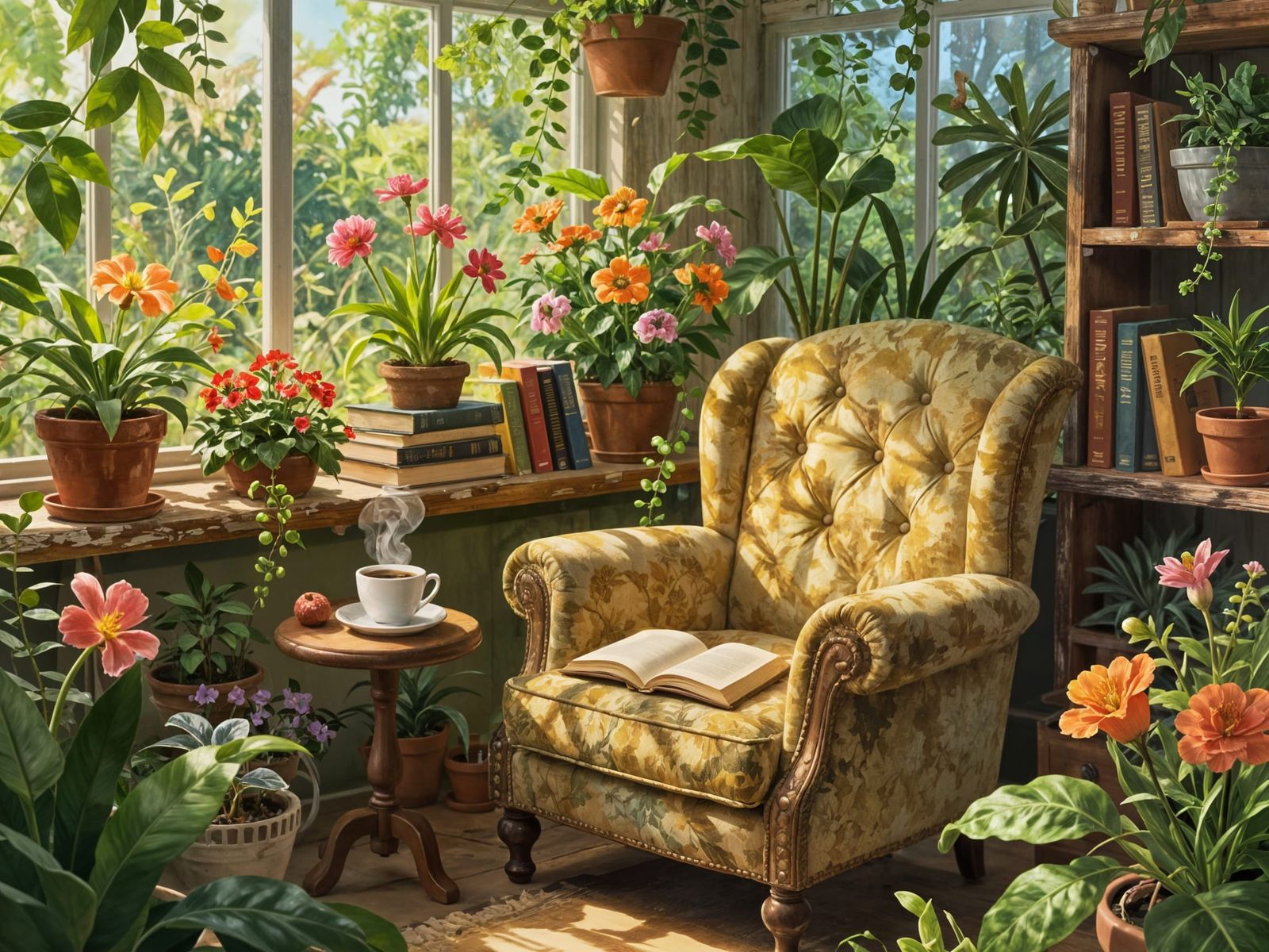 Cosy Conservatory Reading Nook with Flowering Plants