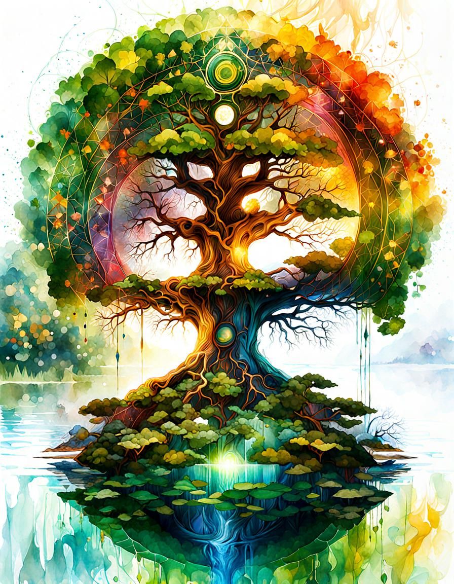 Tree of Life with Fibonacci Spiral in Watercolor