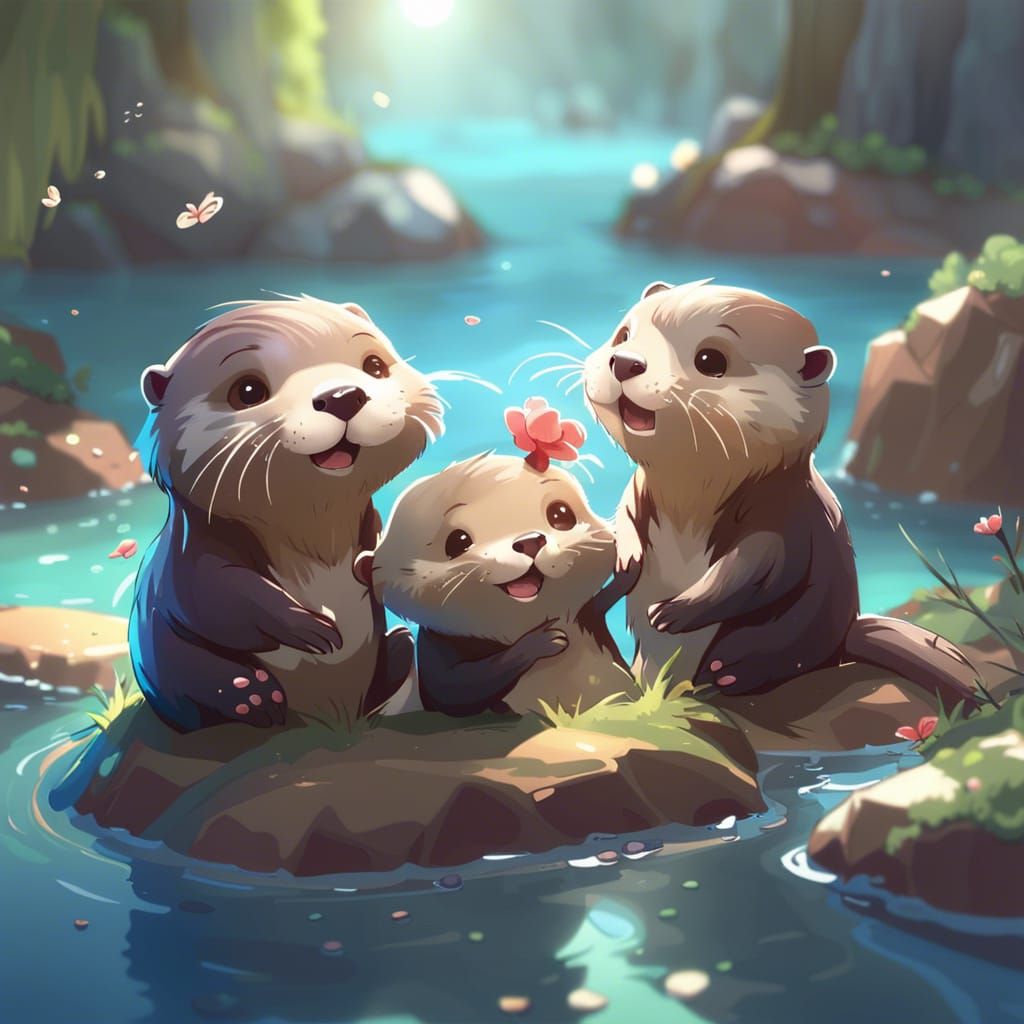 Happy Chibi Otters Playing Joyfully in 3D Anime Art