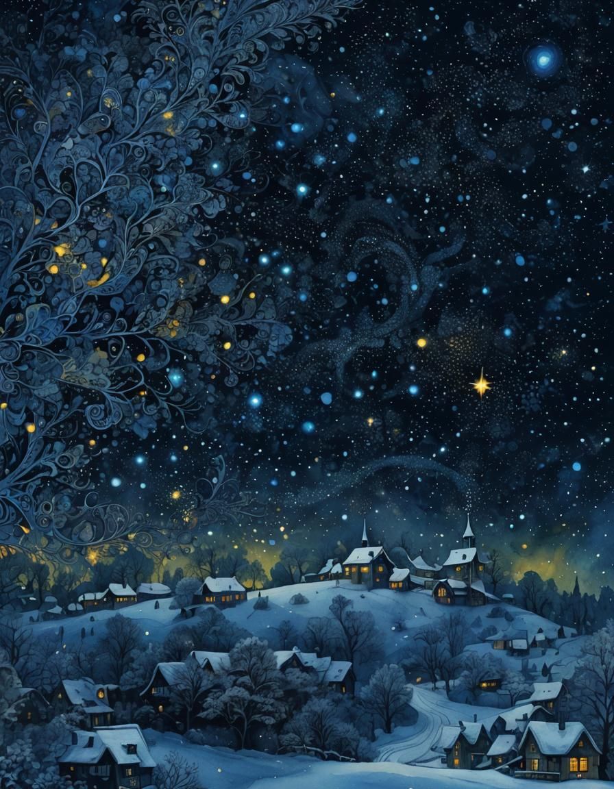 Snowy Village in Candyland: Abstract Watercolor Fractal