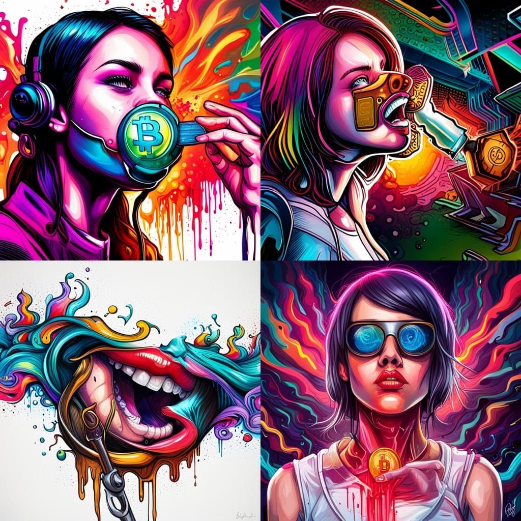 Cyberpunk Girl Swallowing Bitcoins, Graffiti Art