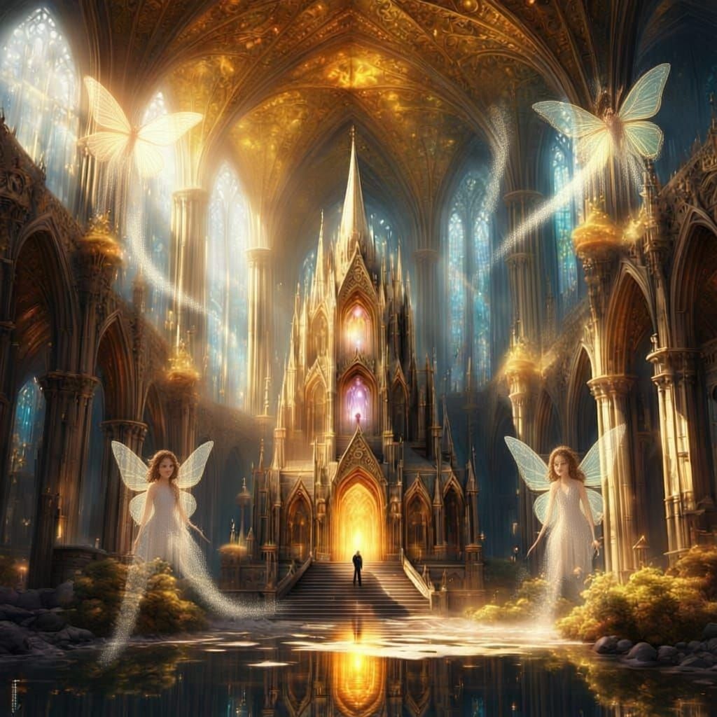 Golden Cathedral with Floating Crystal and Fairies