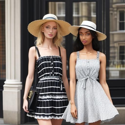 Models Endy Cartnell (left), in a spotted sundress and hat, ...