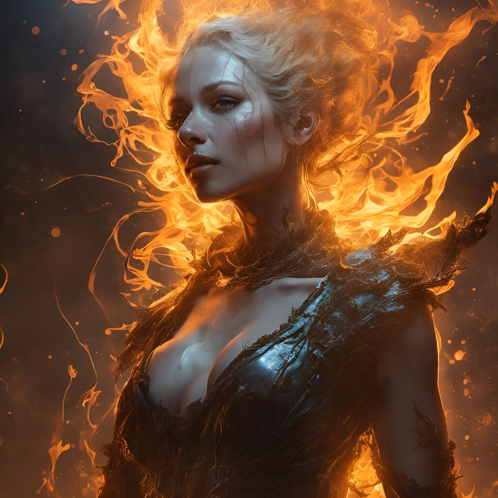 Fiery Goddess with Golden Aura, Digital Illustration