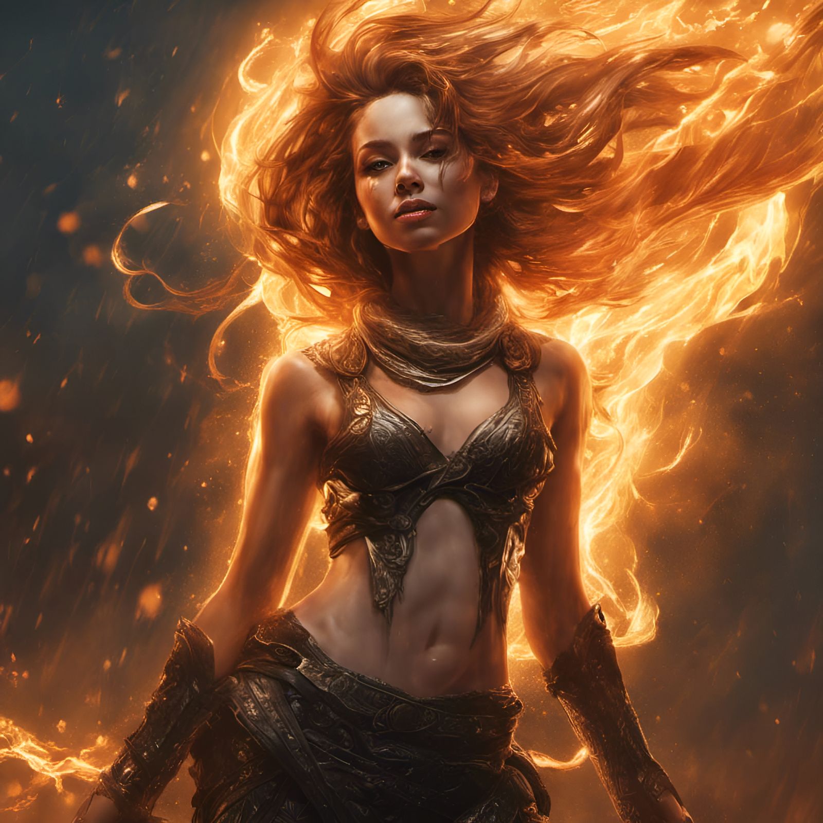 Golden Fire Goddess: Detailed Digital Illustration