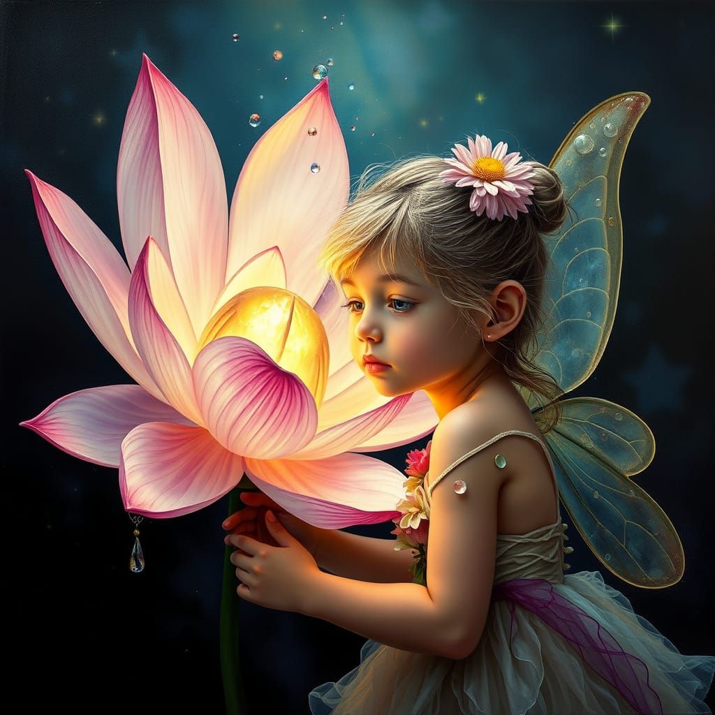 Whimsical Fairy in Lotus Blossom, Hyper-Realistic Oil Painti...