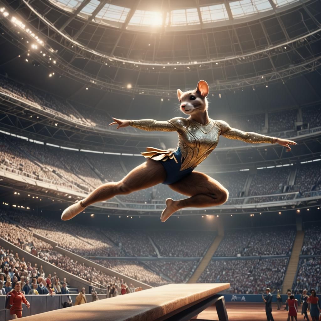 Mouse Gymnast on Beam in Olympic Stadium