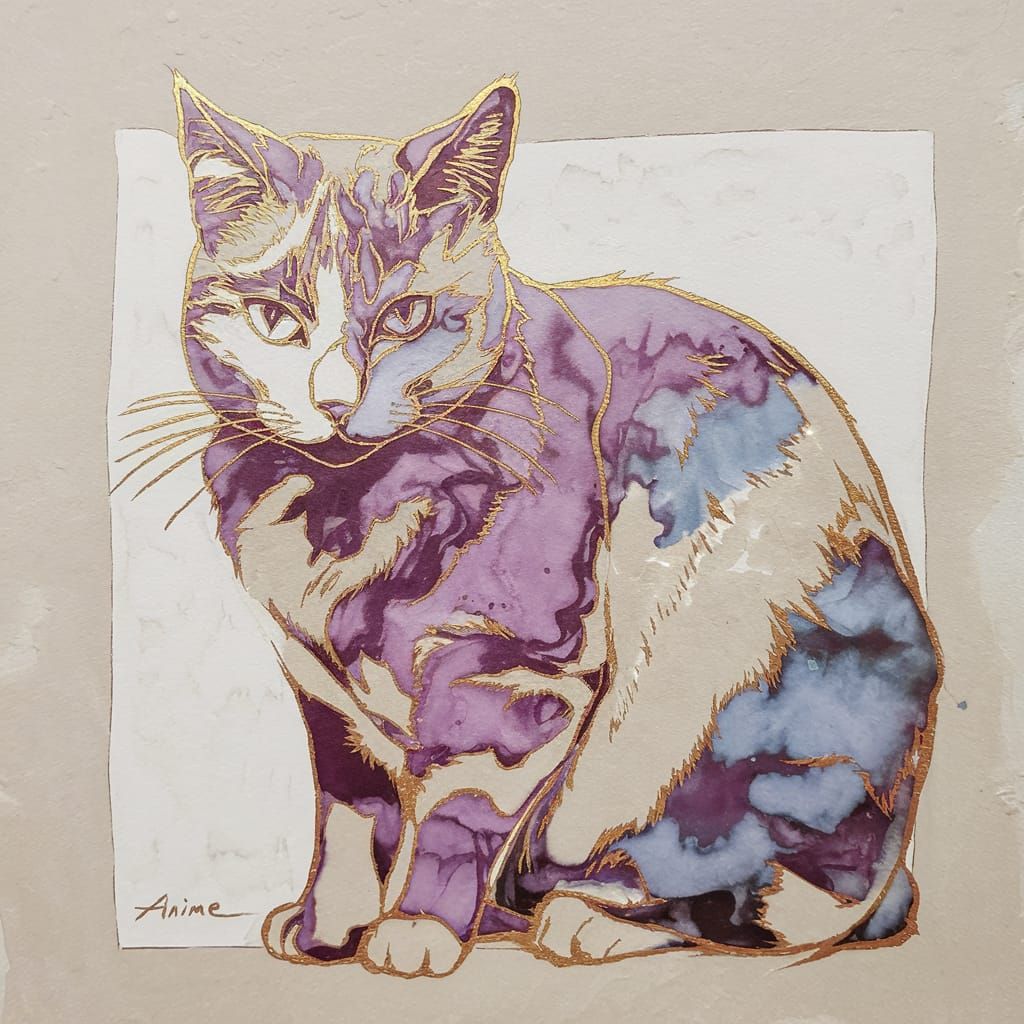 Minimalist Calico Cat Anime Pen and Ink Drawing