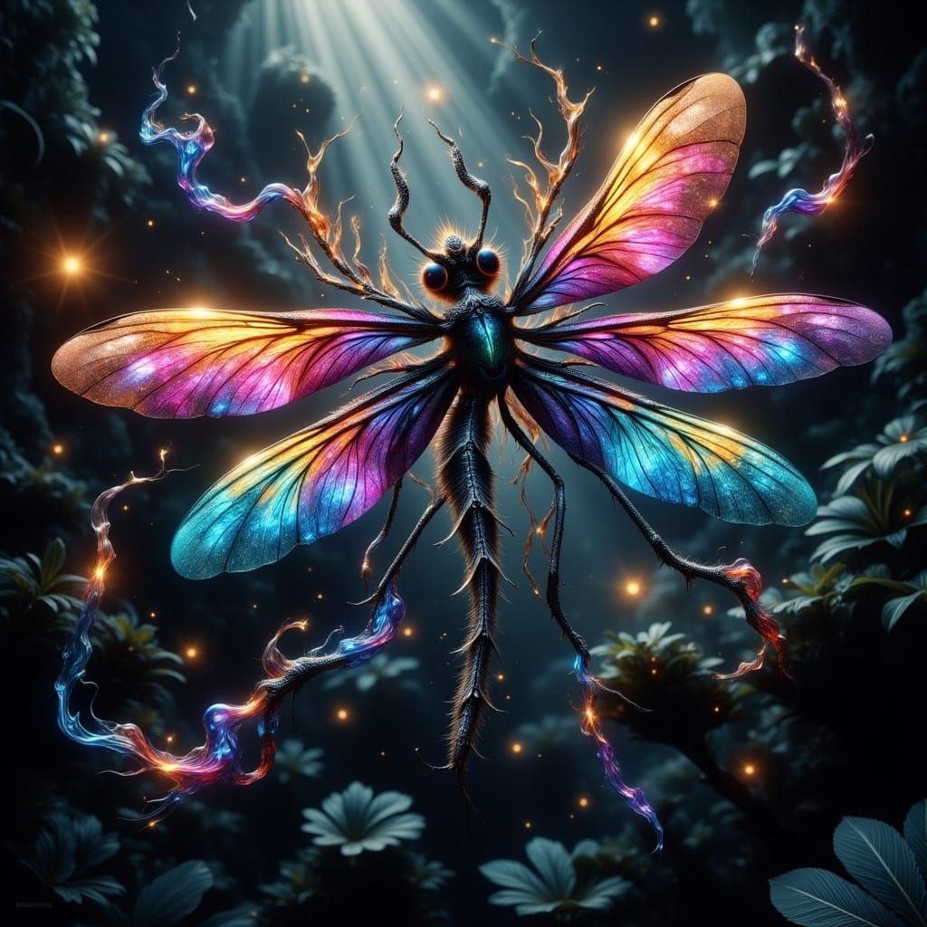 Ethereal Monochrome Zebragonfly in Neon Jungle