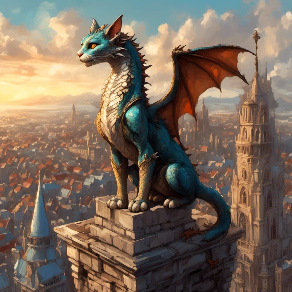 Tabby Cat Dragon Perched Above Fantasy City