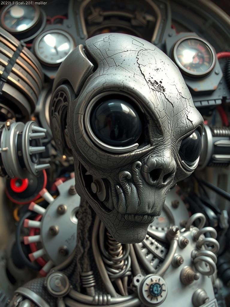 Surreal Metallic Alien with Distorted Fisheye View