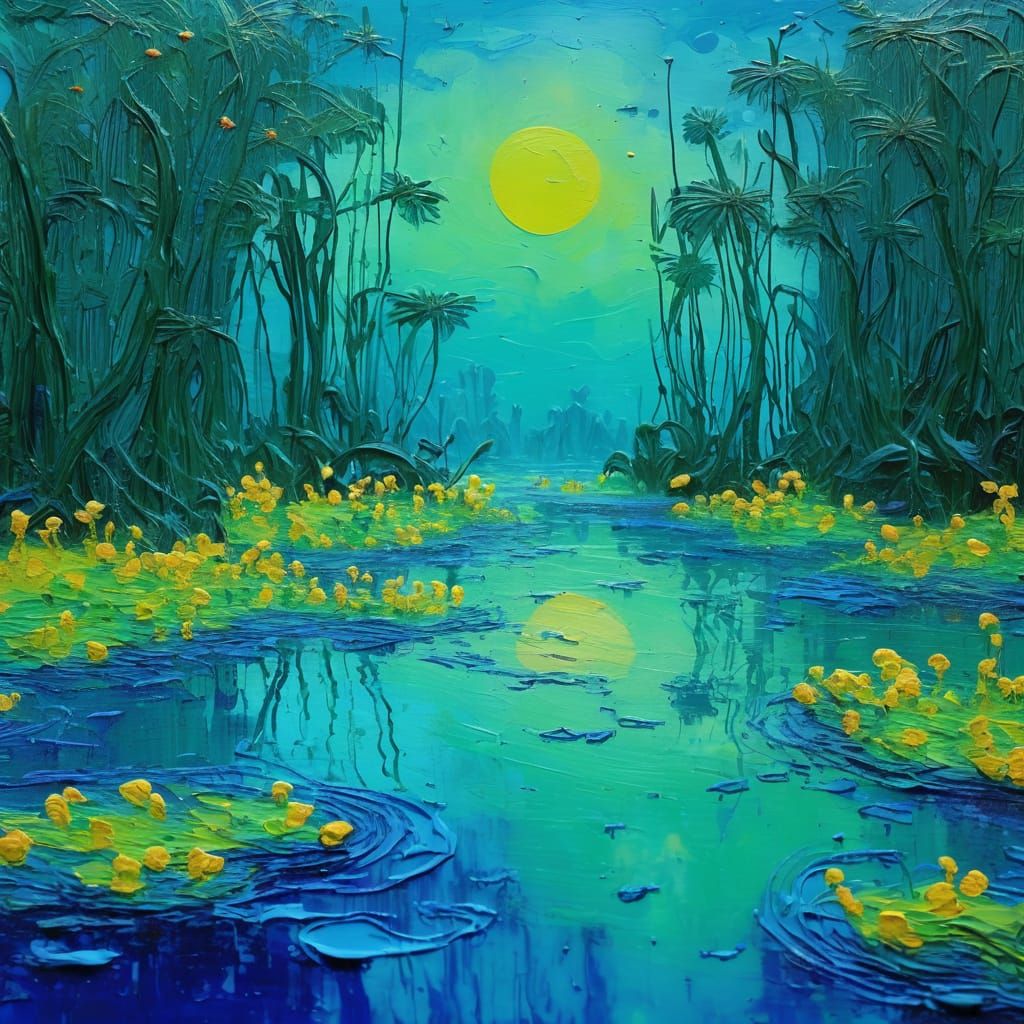 Mystical Lagoon with Bioluminescent Flora, Impasto Painting