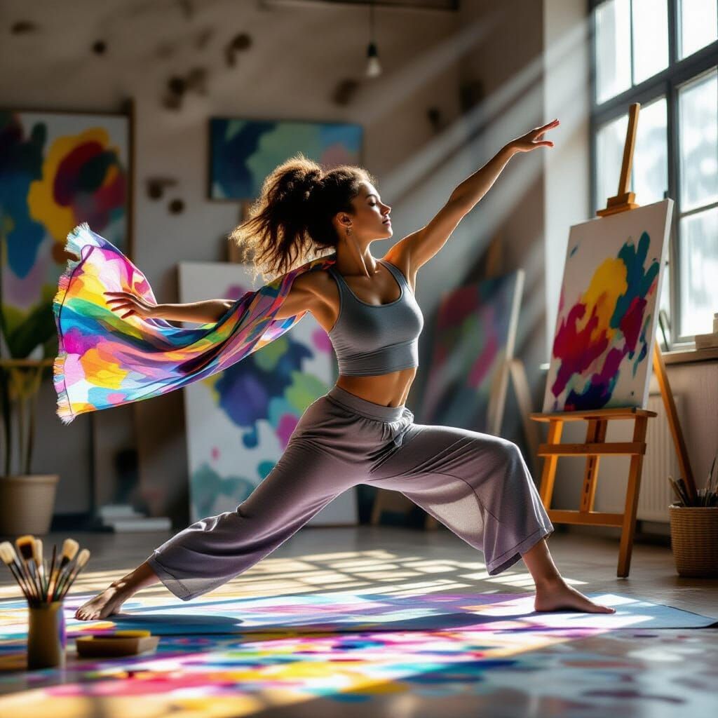 Art Teacher in Dynamic Lunge with Flowing Scarf