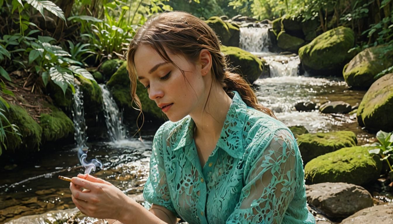 Woman Relaxing by Stream in Impressionist Style