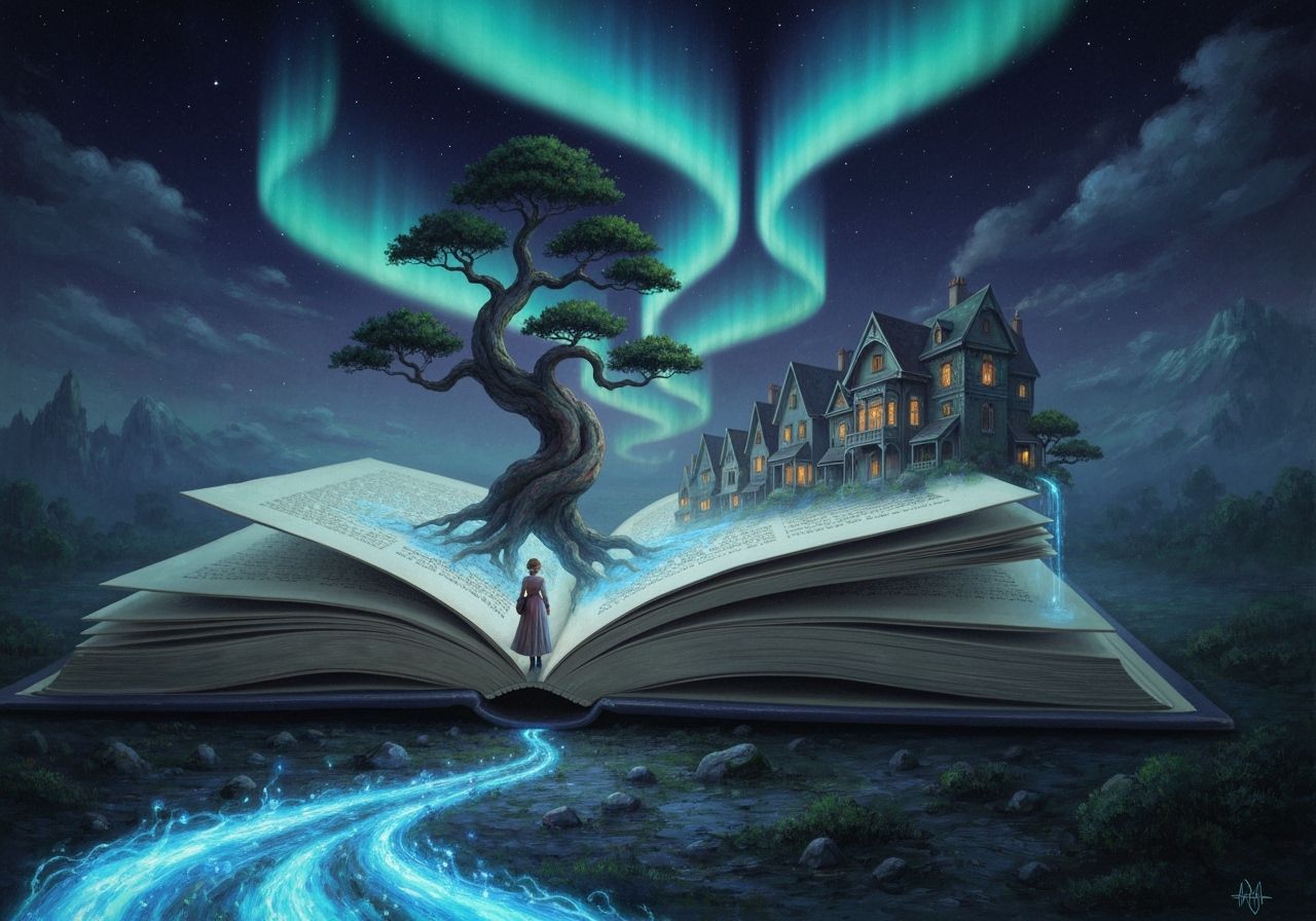 Enchanted Book with Bonsai Tree and Aurora, as Oil Painting