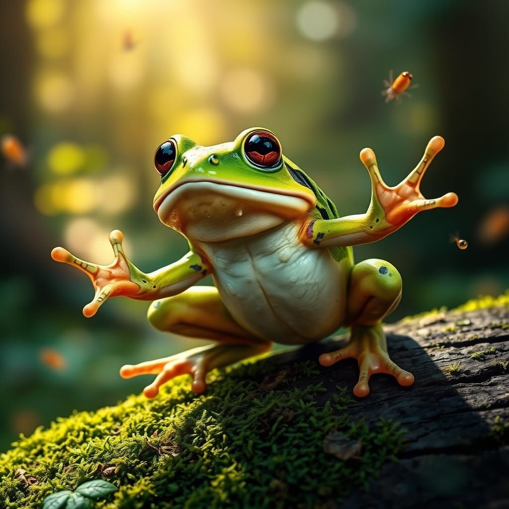 Startled Frog Mid-Leap in Detailed Forest Scene
