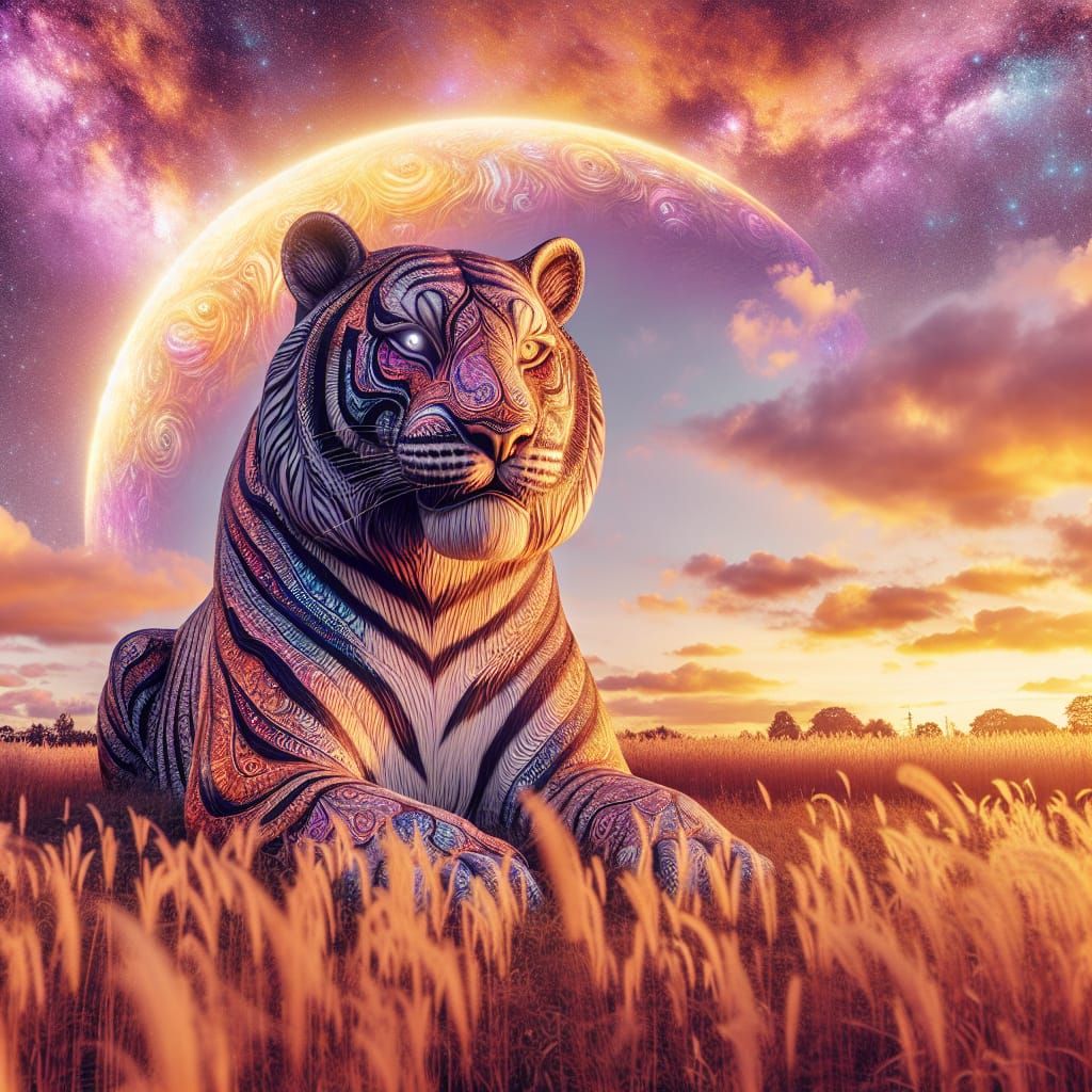 Majestic Tiger in Surreal Sunset Landscape