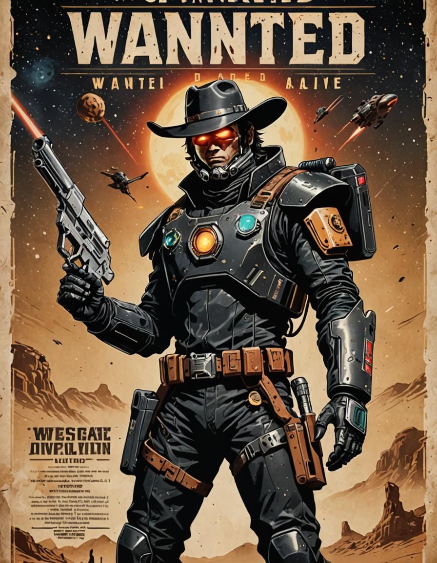Cyborg Space Cowboy Wanted Poster in Cyberpunk Style