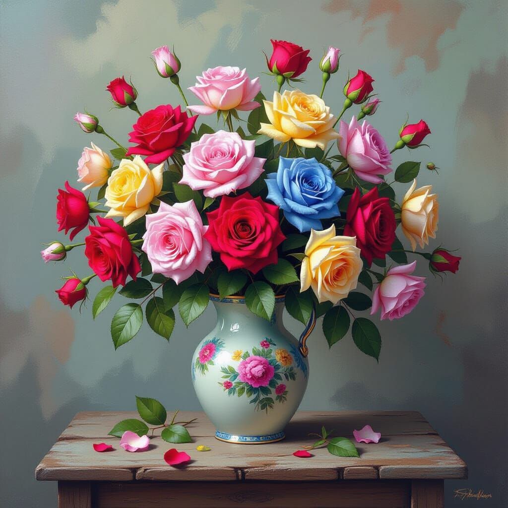 Multicolor Roses in Charcoal Drawing with Fantasy Elements