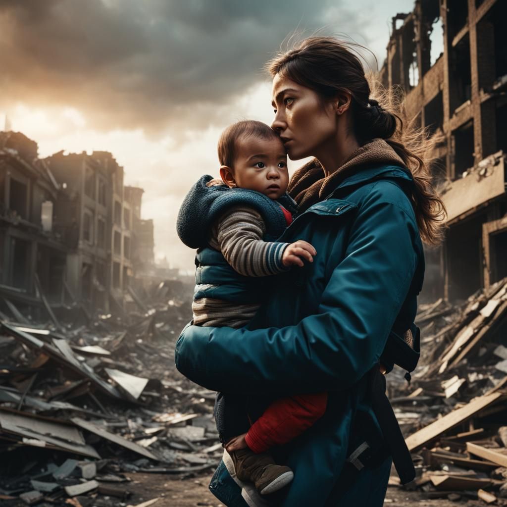 Mother and Baby in a Destroyed Cityscape