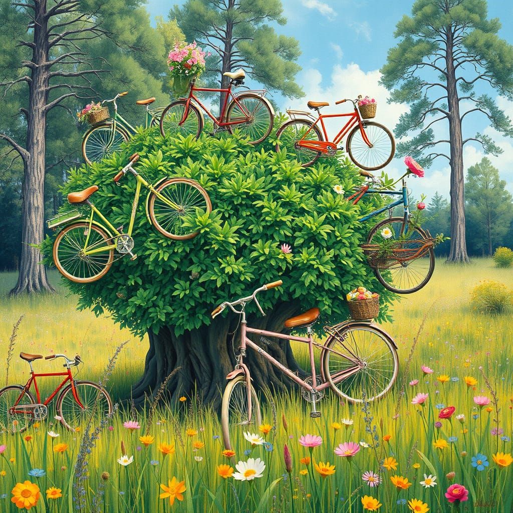 Enchanted Emerald Bush Blooms with Vibrant Bicycles