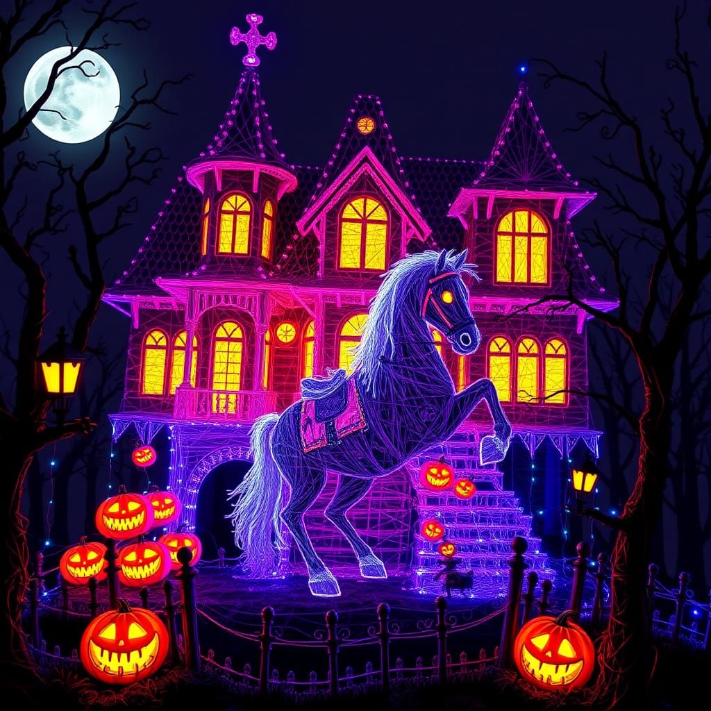 Surreal Halloween Scene in Fluorescent String Art