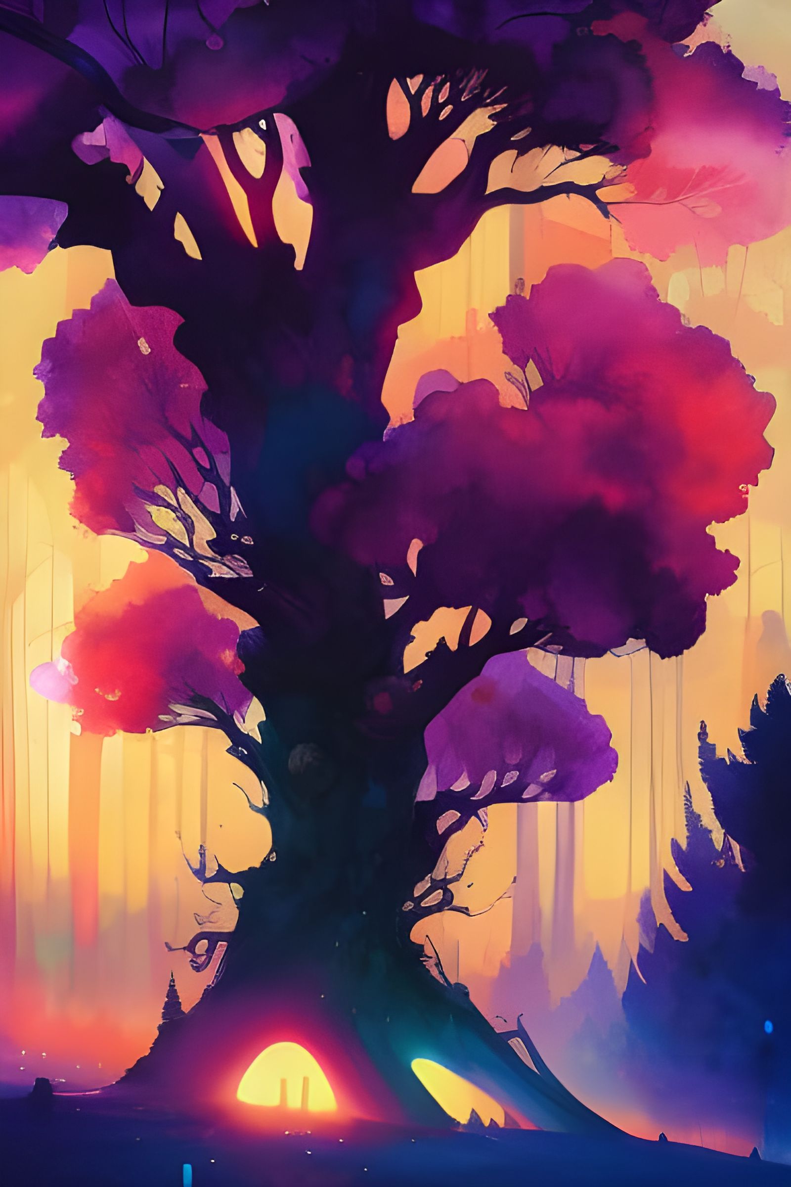 Magical Burning Tree in Watercolor Style