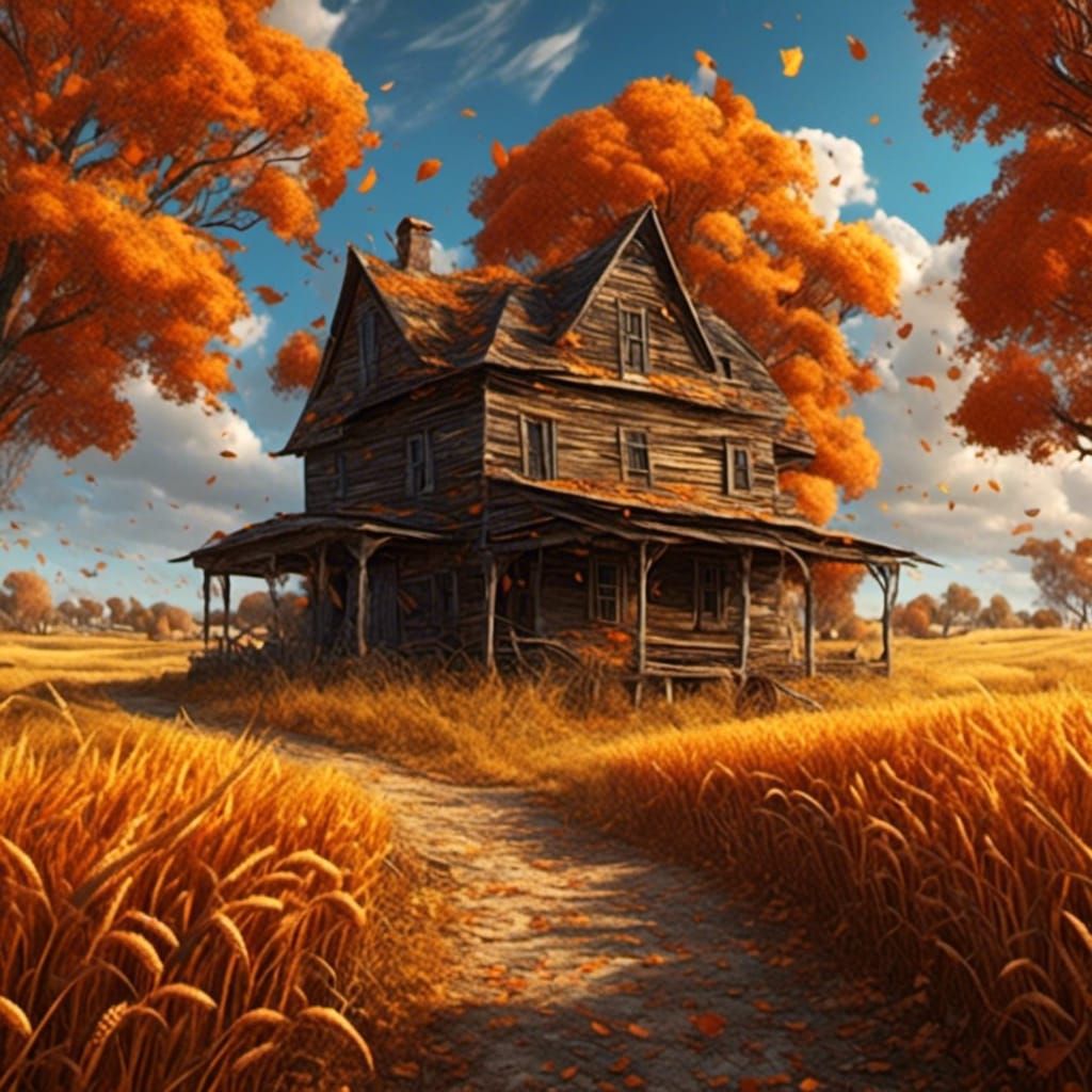 Country Road Through Golden Fields, Detailed Matte Painting