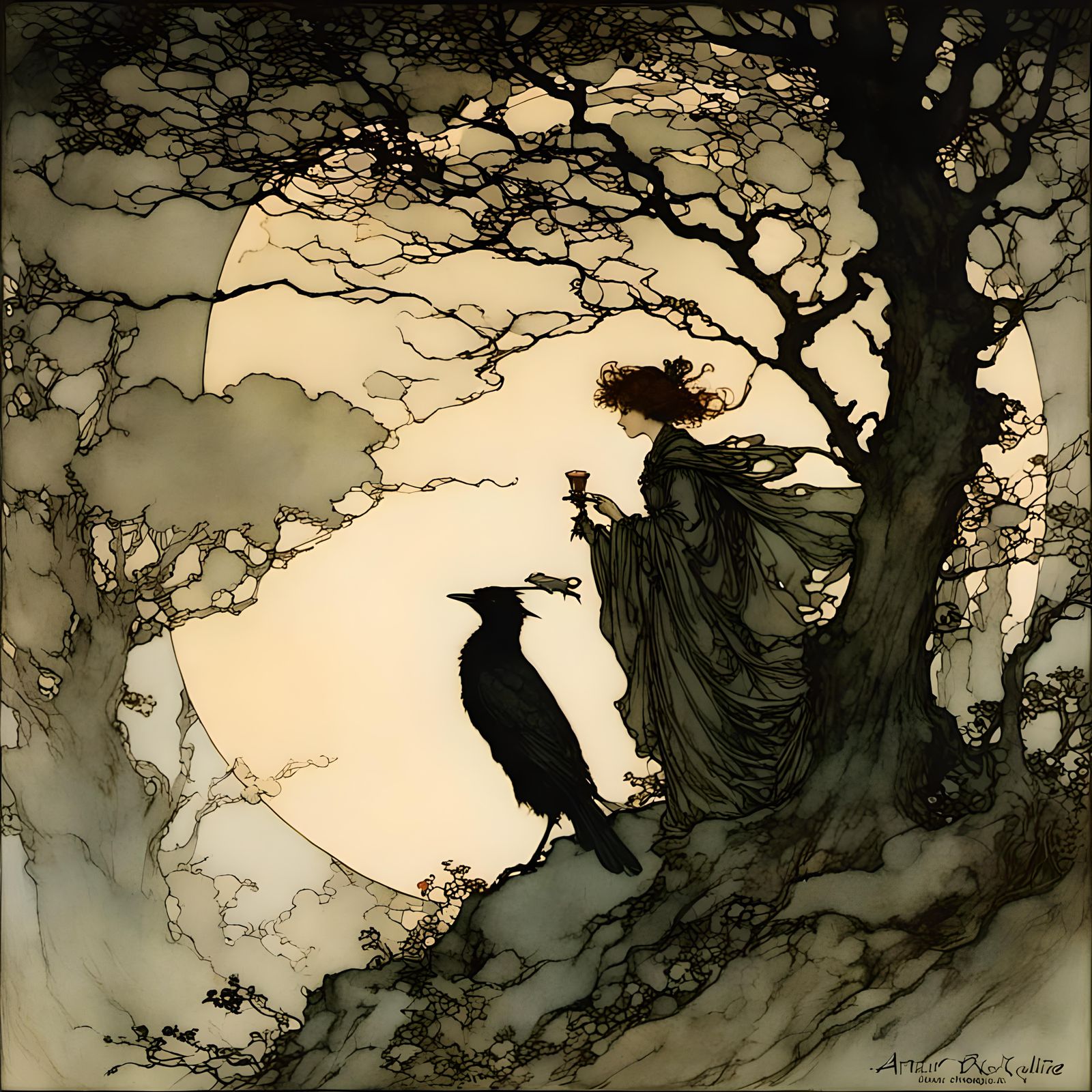 neon silhouette, by Arthur Rackham, Edmund Dulac <lora:Rackh...