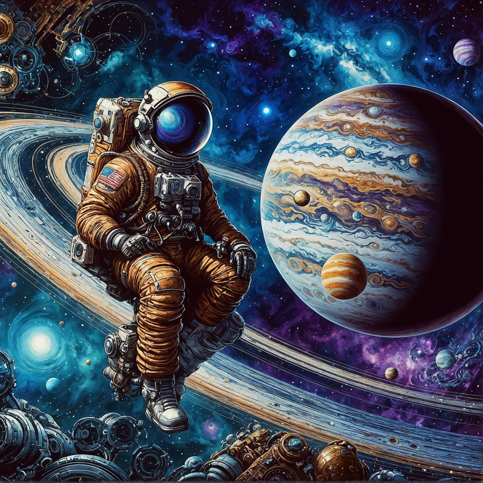 Steampunk Astronaut on Jupiter Ring in Epic Digital Art