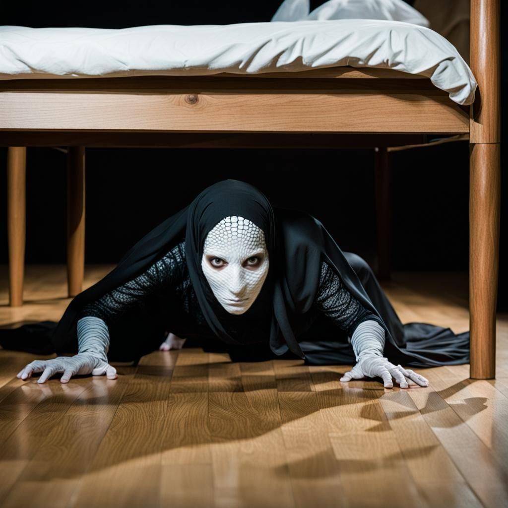 Surreal Theatre Scene: Veiled Woman Emerges