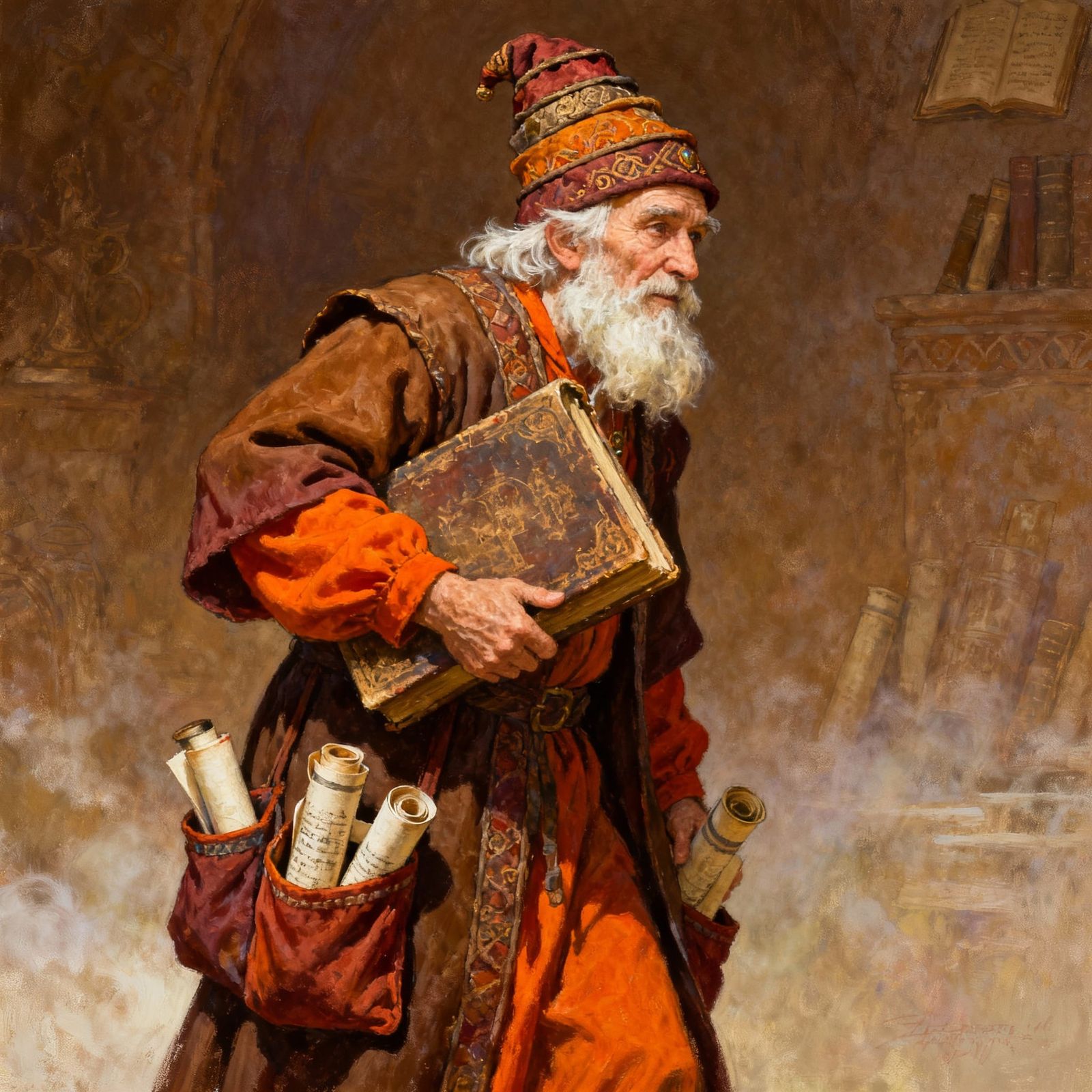 Aged Scholar in Ornate Robes with Bulging Pockets