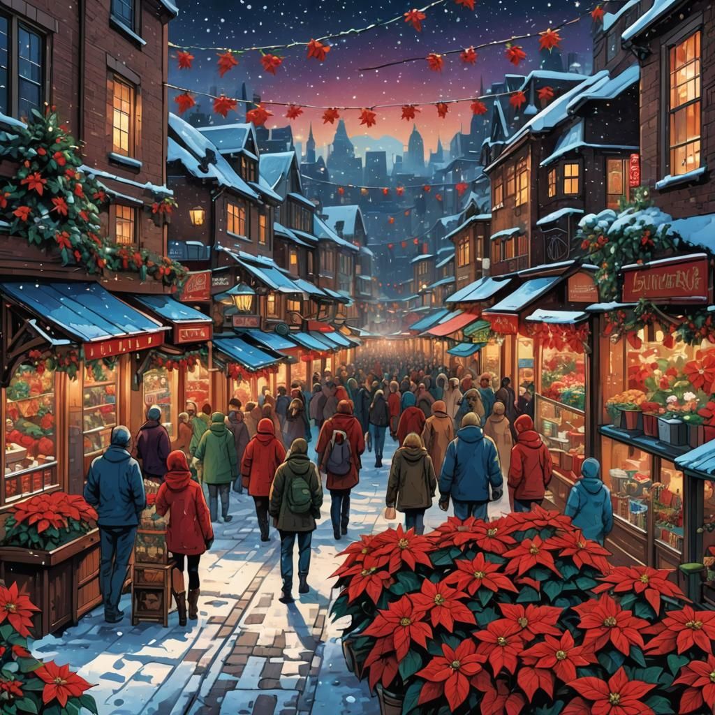 Poinsettia City at Christmas in Urban Fantasy Comic Style