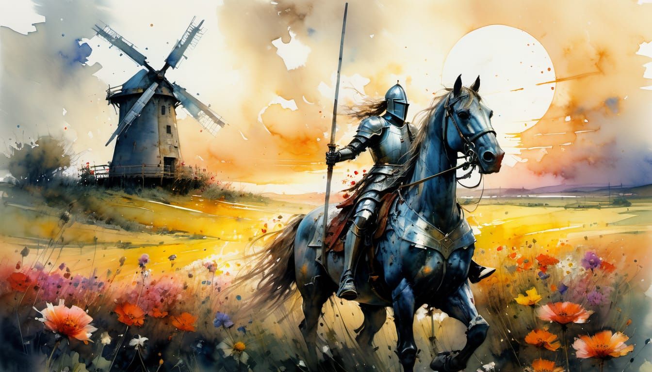 Knight on Horse Charging Windmill in Fairytale Sunset