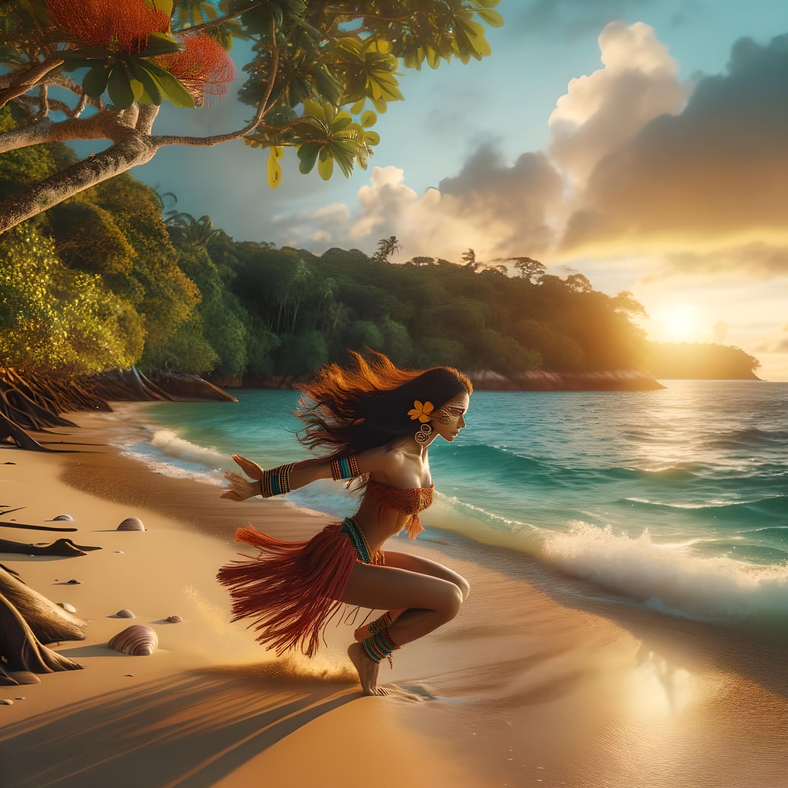 Tropical Paradise: Indigenous Woman Dancing on Beach