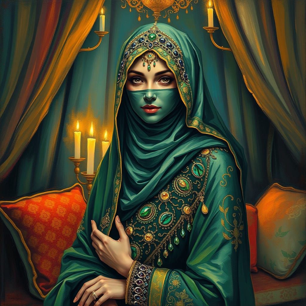 Elegant Arabian Nights Sultana in Vibrant Abstract Art