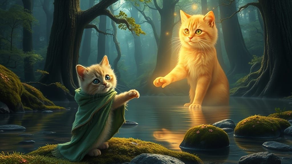 Whimsical Cat by Serene River in Ancient Forest
