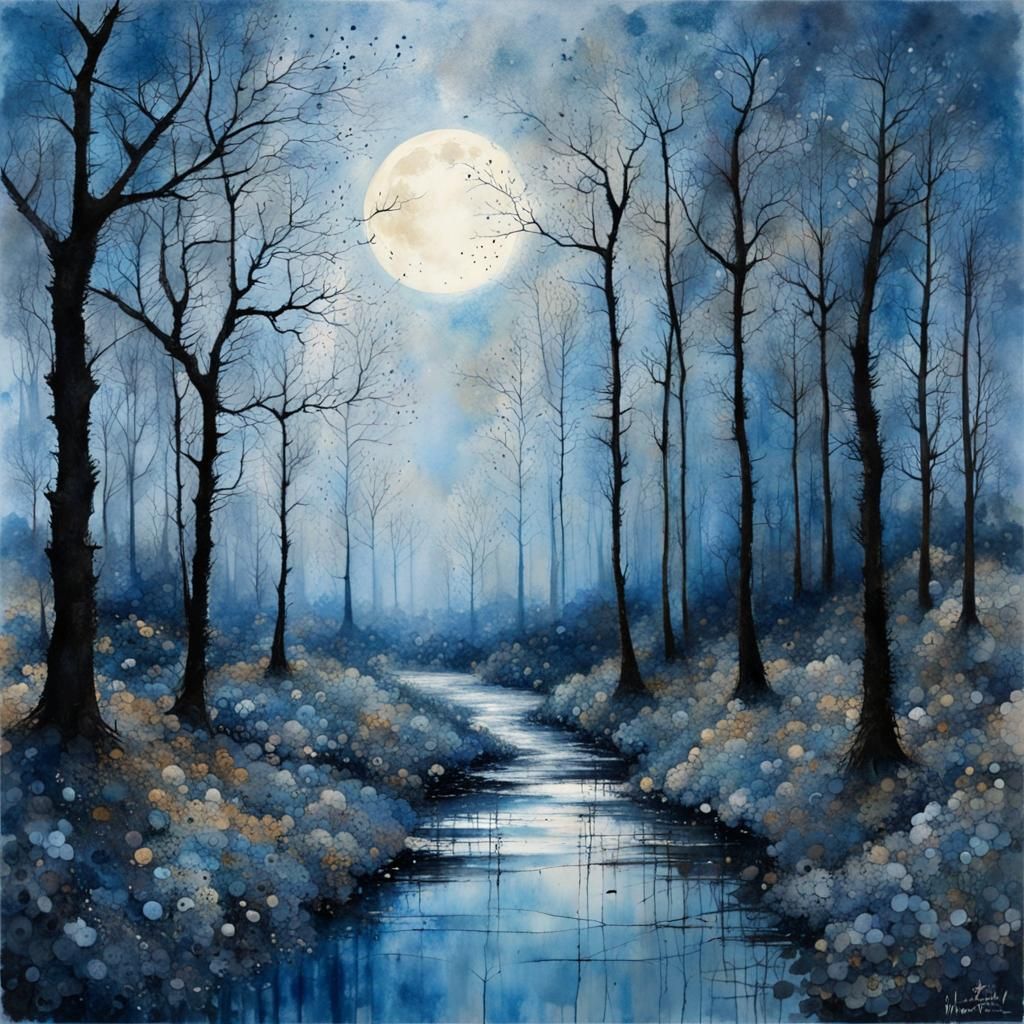 Blue Forest Moonscape in Art Brut Style