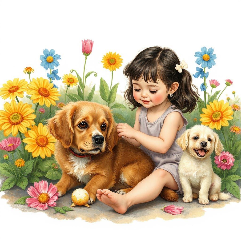 Girl and Dogs in Whimsical Floral Scene